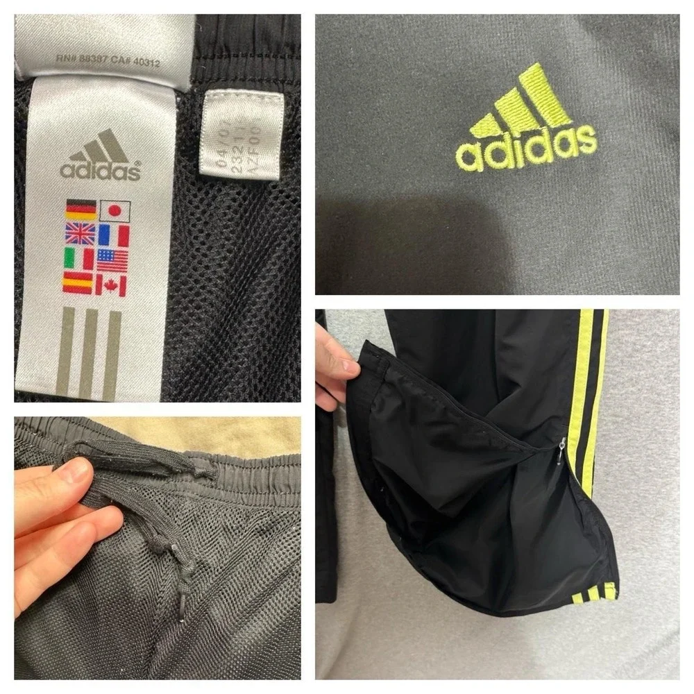 Vintage 2007 Adidas Men's L Black Yellow 3-Stripe Track Pants Y2K Windbreaker
